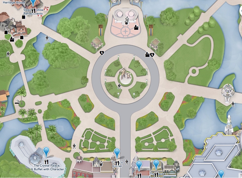 Magic Kingdom Hub Map Screen shot from My Disney Experience - April 2015 - Construction from Partner Statue South (Down) is completed