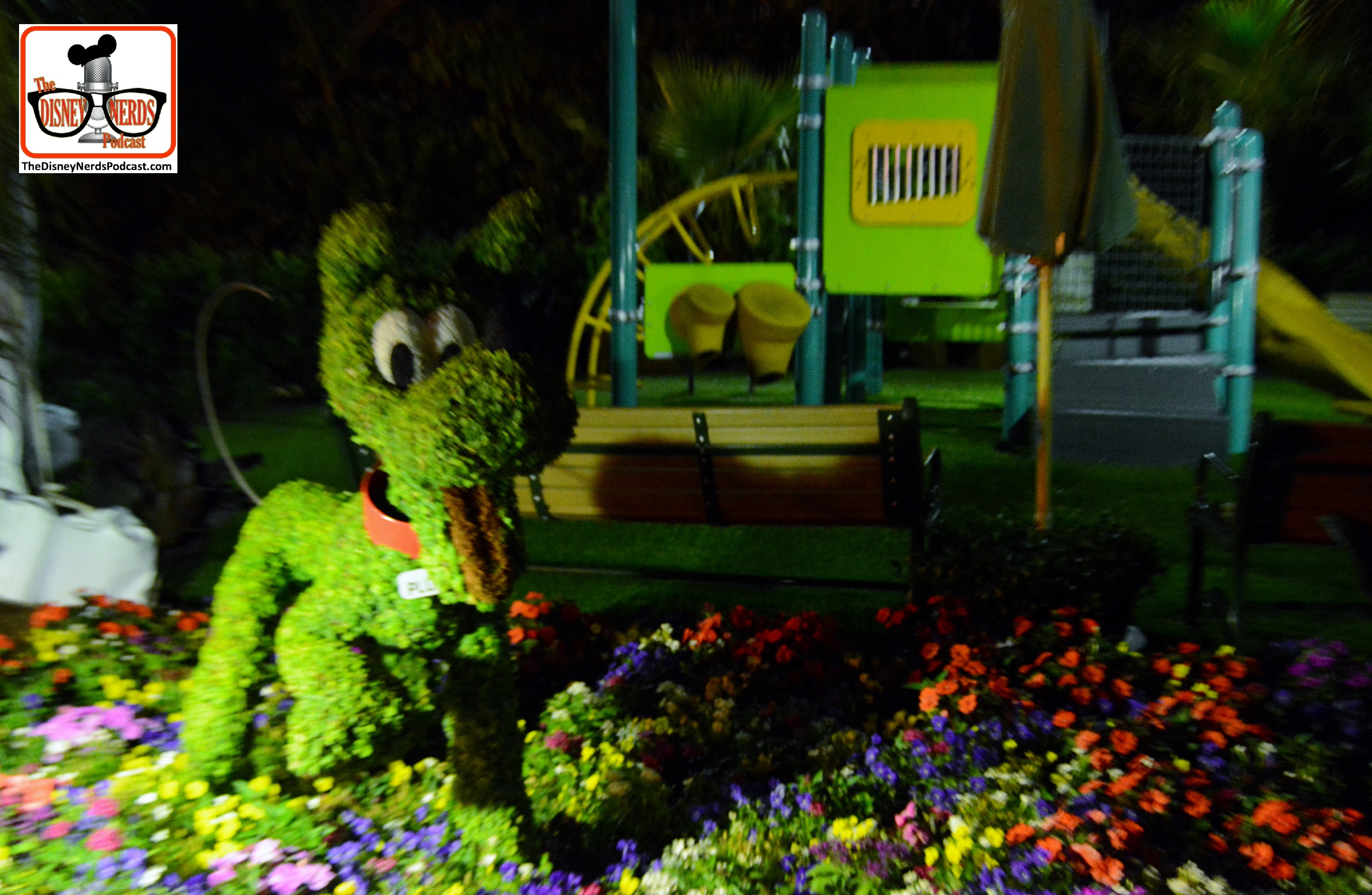 DNP April 2016 Photo Report: Epcot Flower and Garden Festival.. Topiary's at night in the Harmony Garden Playground