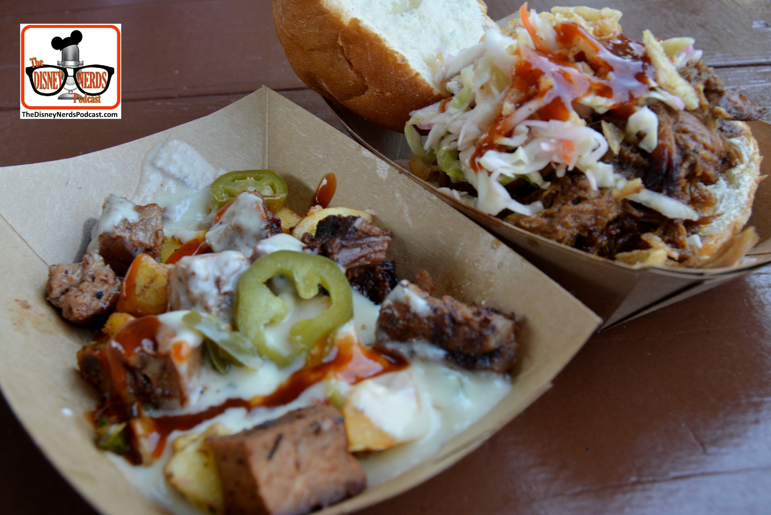 DNP April 2016 Photo Report: Epcot Flower and Garden Festival.. From the Smokehouse. Pulled Pig Slider with Crispy Onions and Coleslaw and Beef Brisket Burnt Ends Hash with White Cheddar Fondue and Pickled Jalapenos.