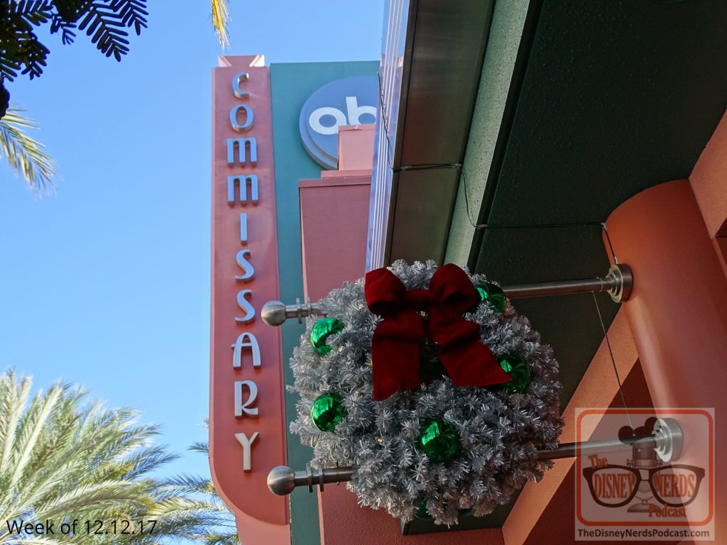 While park-wide Christmas decorations have brightened spirits since early November, the ABC Commissary is now in line and decked out in holiday color. The Christmas wreaths aligning the outside are a special touch so make sure to see them at night time.