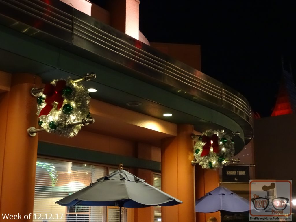 While park-wide Christmas decorations have brightened spirits since early November, the ABC Commissary is now in line and decked out in holiday color. The Christmas wreaths aligning the outside are a special touch so make sure to see them at night time.