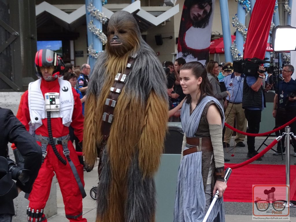Rey, Chewie and Poe at Last Jedi Premiere at Disney Springs. (Photo by John Capos)