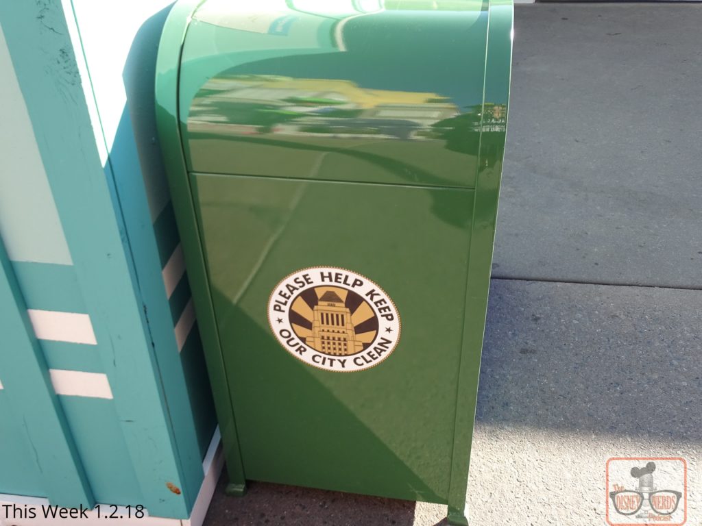 The logo on the Park trash receptacles is going through a transformation, in case you haven’t noticed. Slow but sure, the iconic Chinese Theater logo is gradually giving way to the Carthay Circle image. The Disney line to “Keep our city clean” remains. For a collectable photo of the old logo before they vanish, check out the trash cans near the front of the park at Hollywood and Sunset Blvd.