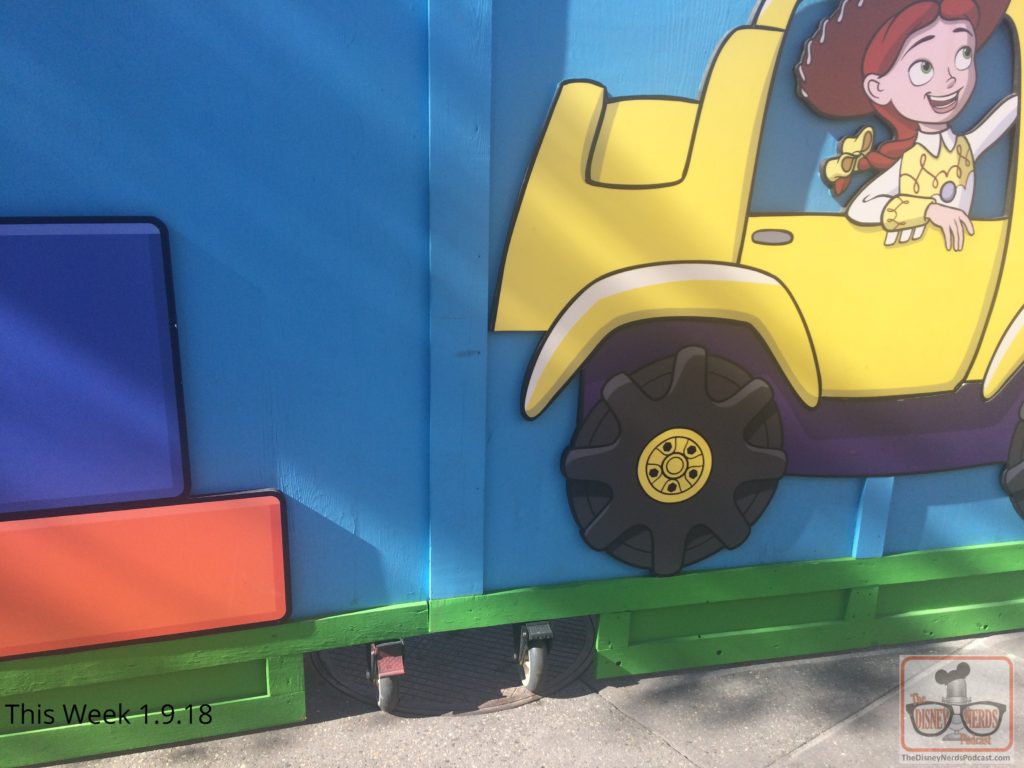 Toy Story Land builders apparently added wheels on their recently painted gate. Could after hours construction types and their equipment be making their way into the Land through this passage way under cover of night?