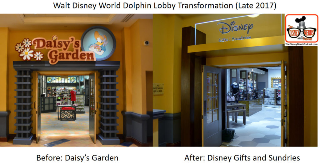 Walt Disney World Dolphin Lobby Transformation - Before and After Daisy's Garden now Disney Gifts and Sundries