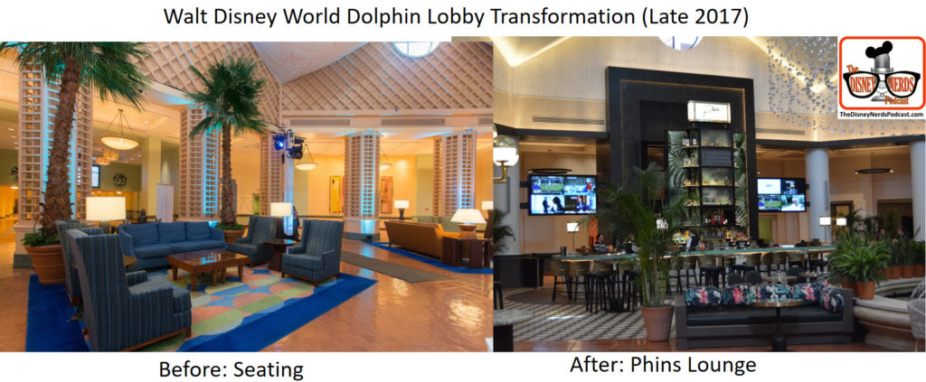 Walt Disney World Dolphin Lobby Transformation - Before and After - From Seating to Phins Lounge