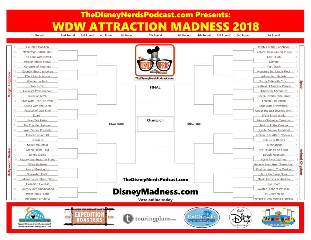 The Disney Nerds Podcast Attraction Madness 2018: Official Bracket
