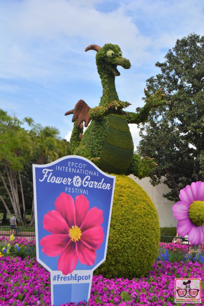 The Disney Nerds Podcast March 11, 2019 Epcot Flower and Garden Photo Report - Figment Topiary Near the Goodness Garden Butterfly House