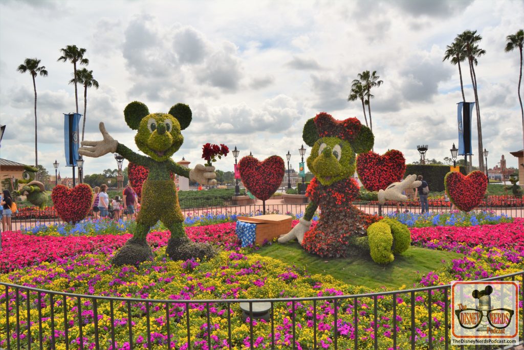 The Disney Nerds Podcast March 11, 2019 Epcot Flower and Garden Photo Report - Topiaries Mickey and Minnie in Showcase Plaza