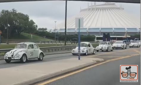 Herbie Rides again at Walt Disney World meet up event with space mountain in the background