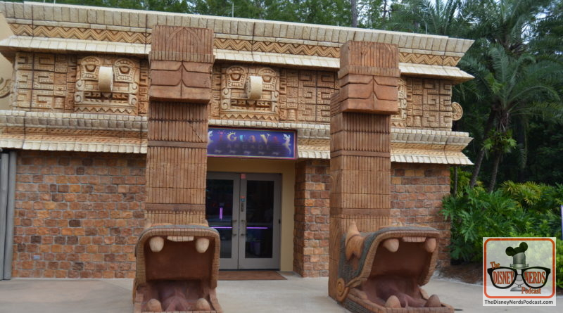 The Dig Site pool complex features a massive gray stone Mayan temple that recalls many of the ceremonial centers created by the ancient Mayans; according to Disney legend, the temple sits five stories above the Coronado Springs, and the water cascades down the temple’s steps into the Lost City of Cibola Feature Pool. Bas-relief sculptures, called stellae, have been carved on the pyramid. The deck and its tiled bottom also feature inlaid representations of Mayan symbols.