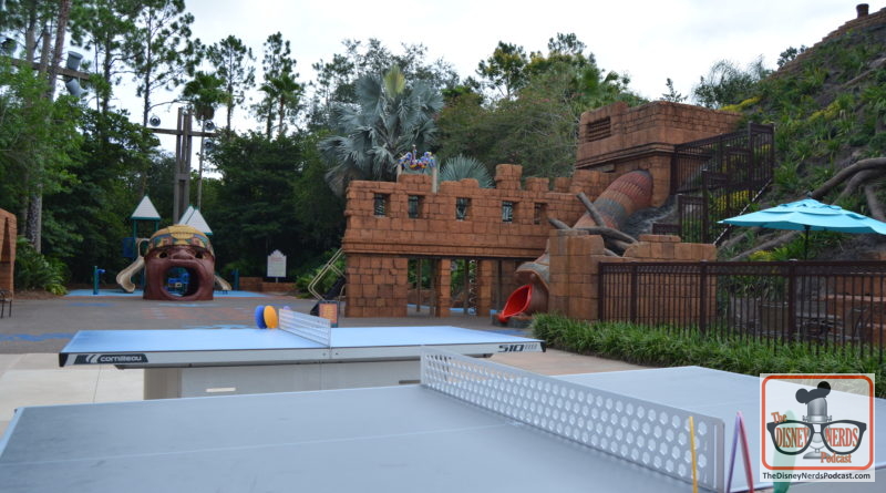 The Dig Site pool complex features a massive gray stone Mayan temple that recalls many of the ceremonial centers created by the ancient Mayans; according to Disney legend, the temple sits five stories above the Coronado Springs, and the water cascades down the temple’s steps into the Lost City of Cibola Feature Pool. Bas-relief sculptures, called stellae, have been carved on the pyramid. The deck and its tiled bottom also feature inlaid representations of Mayan symbols.