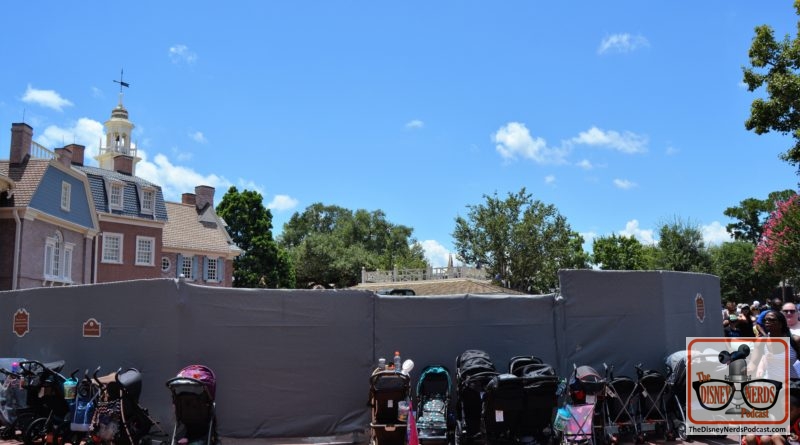 The Disney Nerds Podcast Construction Photo Report -Magic Kingdom Liberty Square Market seating area is behind walls, and is being rebuilt